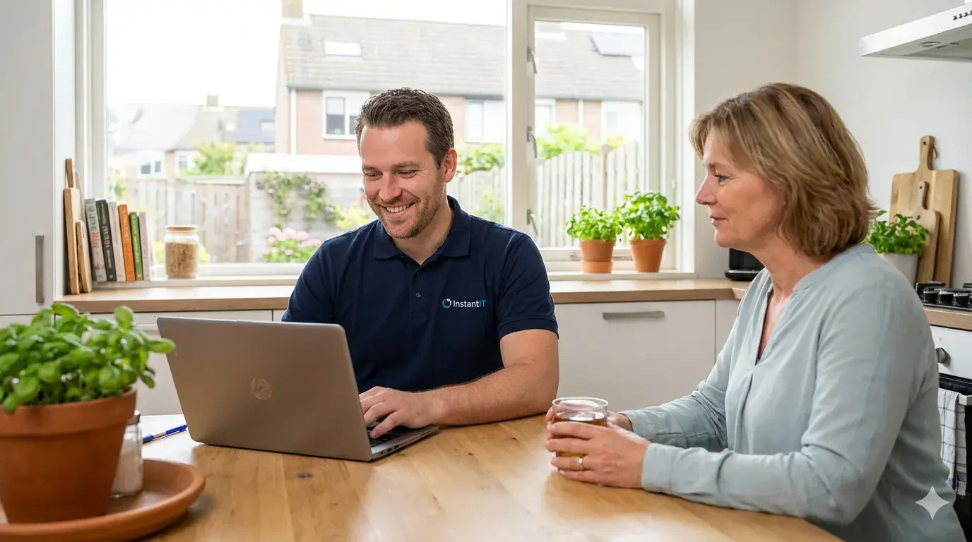 IT-monteur helpt klant aan keukentafel met laptop