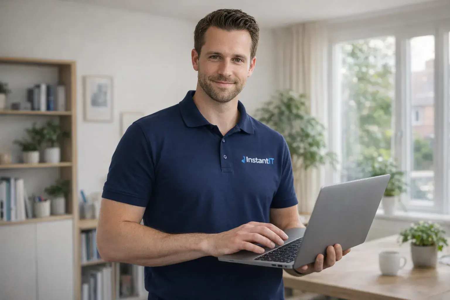 IT-specialist met laptop in lichte woonkamer – computerhulp aan huis en op afstand